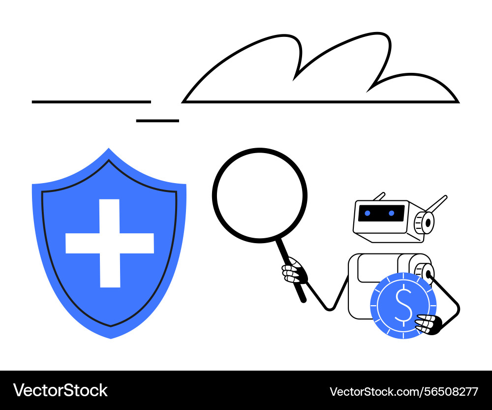 Robot analyzing financial security with shield Robot analyzing financial security with shield vector image