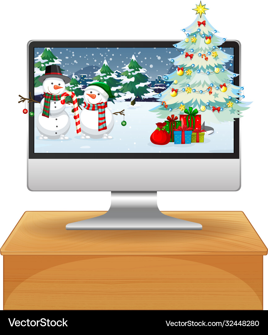 Computer on table with xmas desktop background Computer on table with xmas desktop background Vector Image