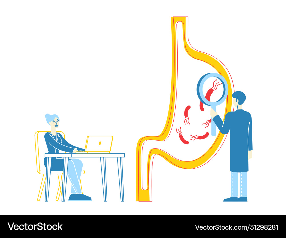 Doctors character with huge magnifying glass vector image