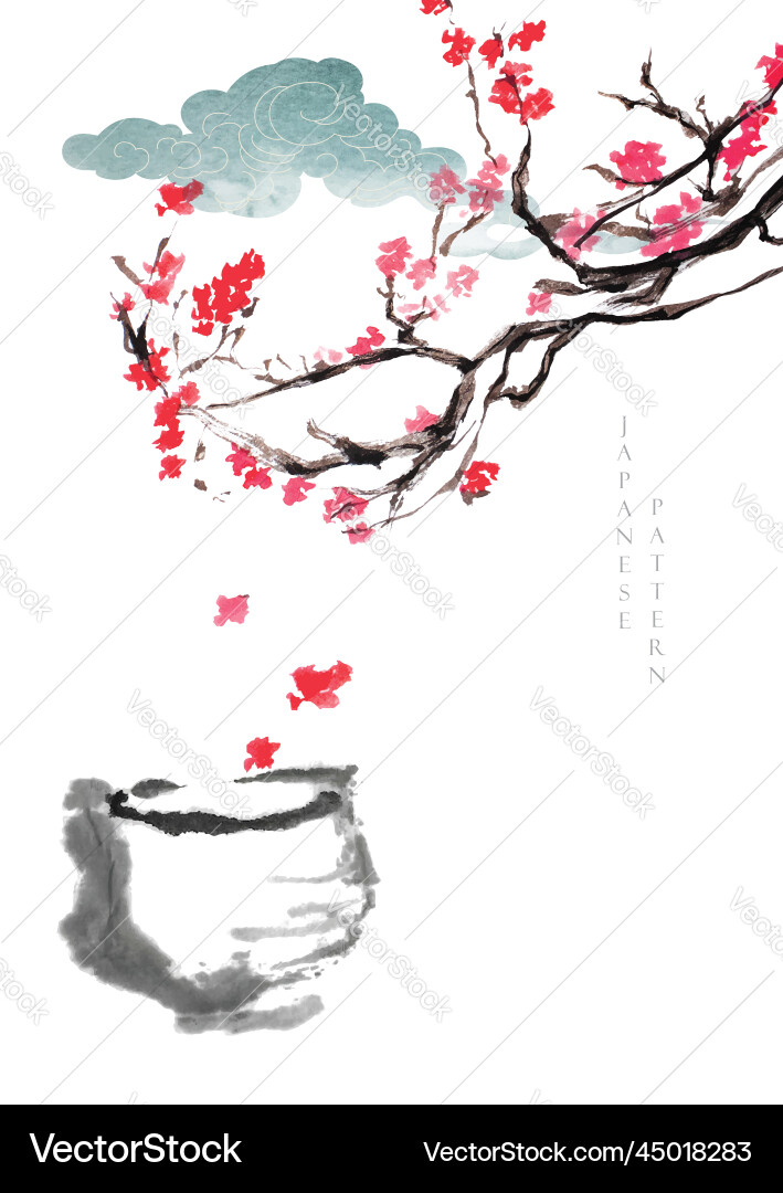 Branch of cherry blossom pattern with cloud Branch of cherry blossom pattern with cloud vector image