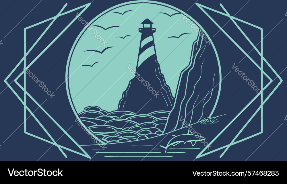 Lighthouse with geometric waves and frame design vector image
