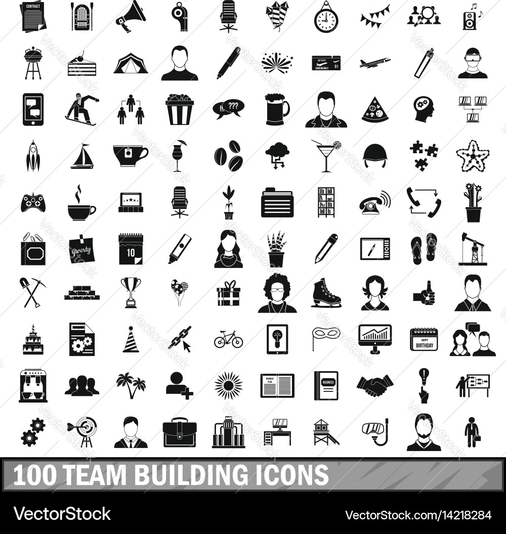 100 team building icons set simple style vector image