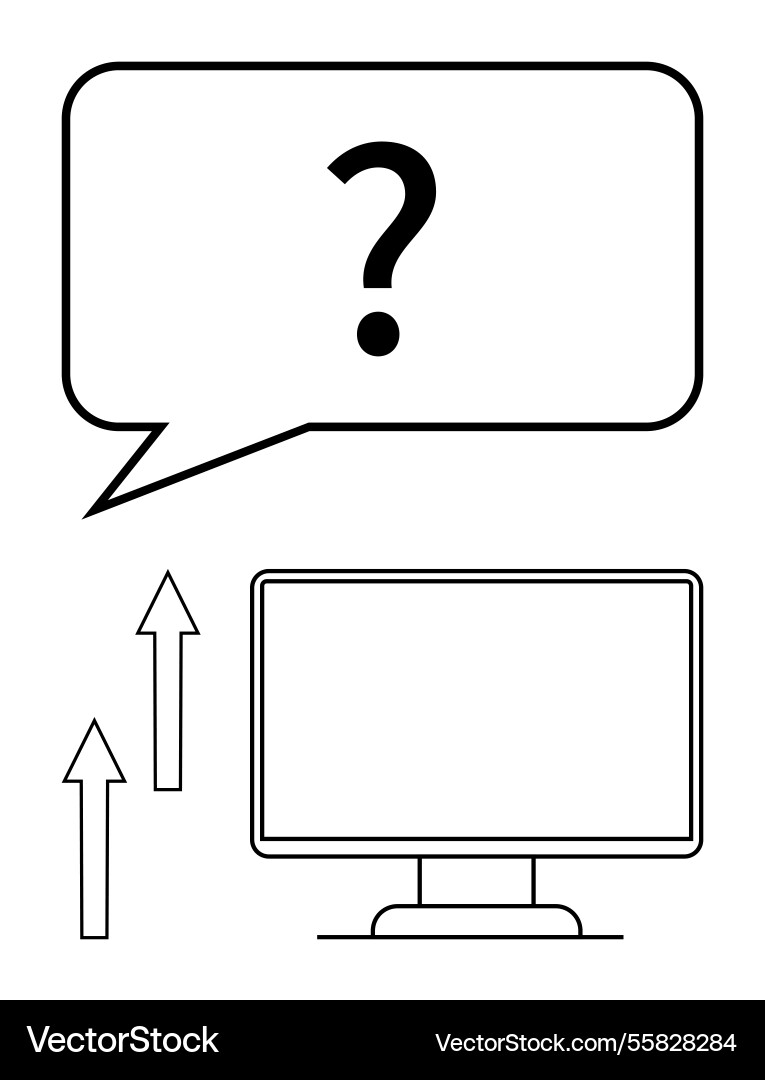 Question mark in speech bubble above computer Question mark in speech bubble above computer vector image