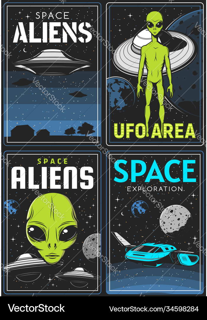 Retro posters with alien and ufo area cards Retro posters with alien and ufo area cards vector image
