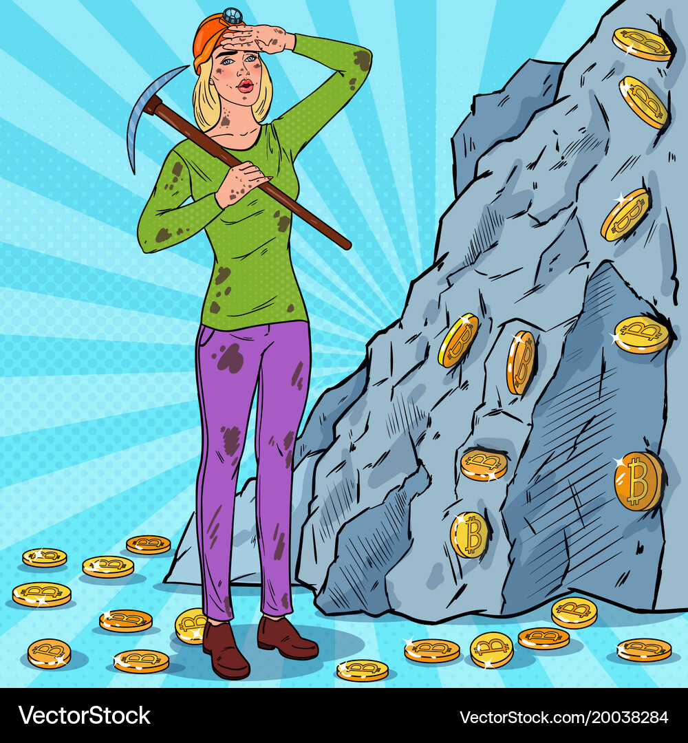 Woman Mining Bitcoin with Pickaxe – Royalty-Free Vector | VectorStock