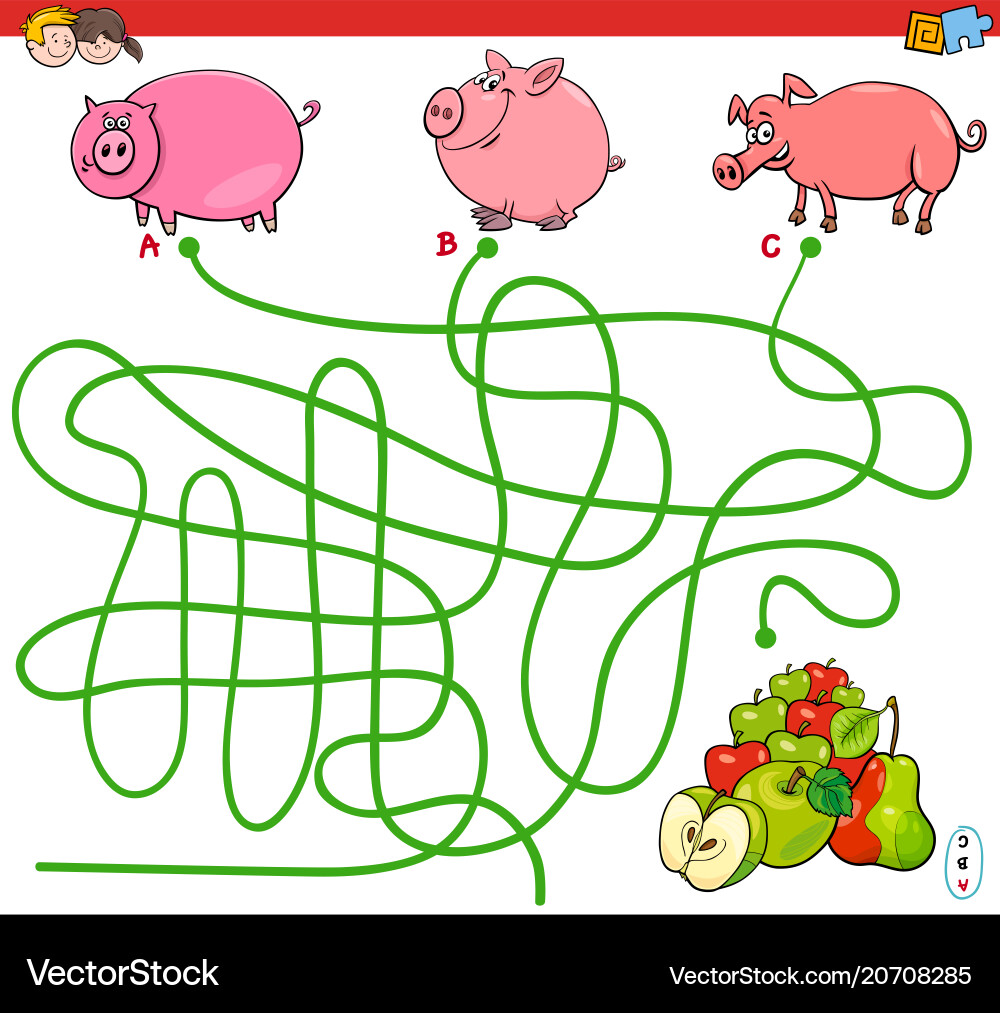 Paths maze game with pigs and apples Vector Image
