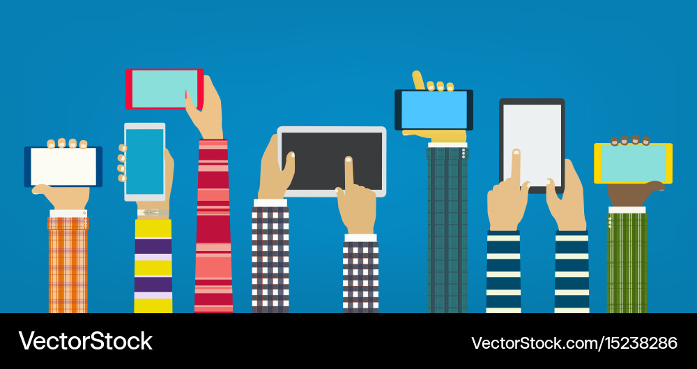 Hands with phones interaction using mobile vector image