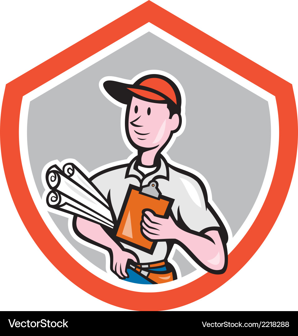 Builder carpenter with plans shield cartoon Vector Image