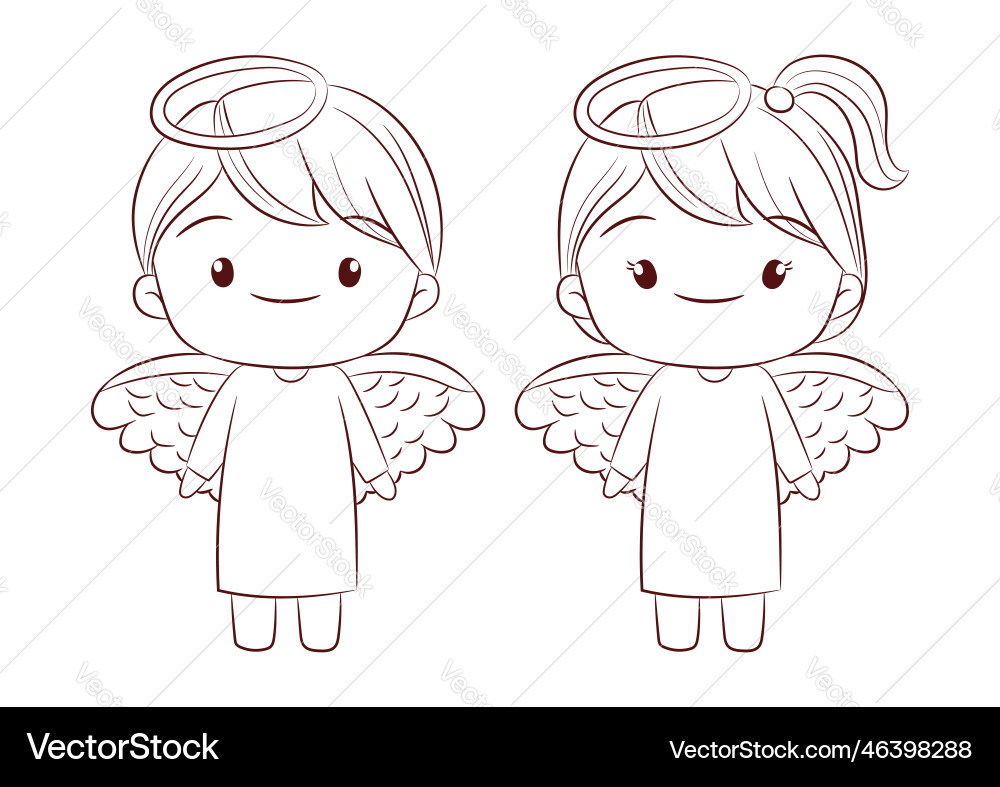 Cute angel boy and girl standing together doodle vector image