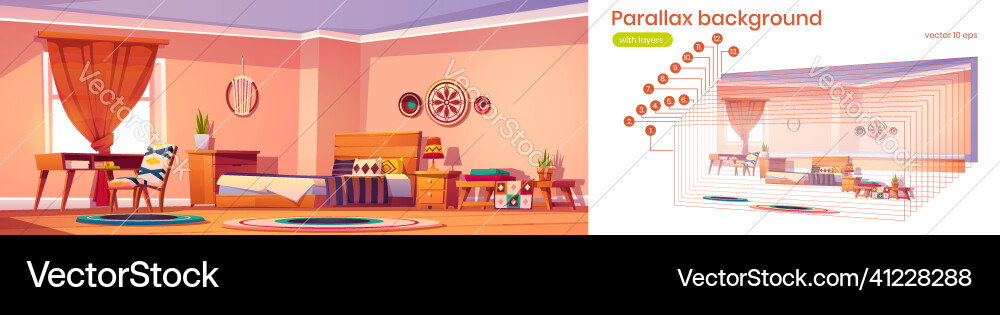 Parallax background with bedroom in boho style Parallax background with bedroom in boho style vector image