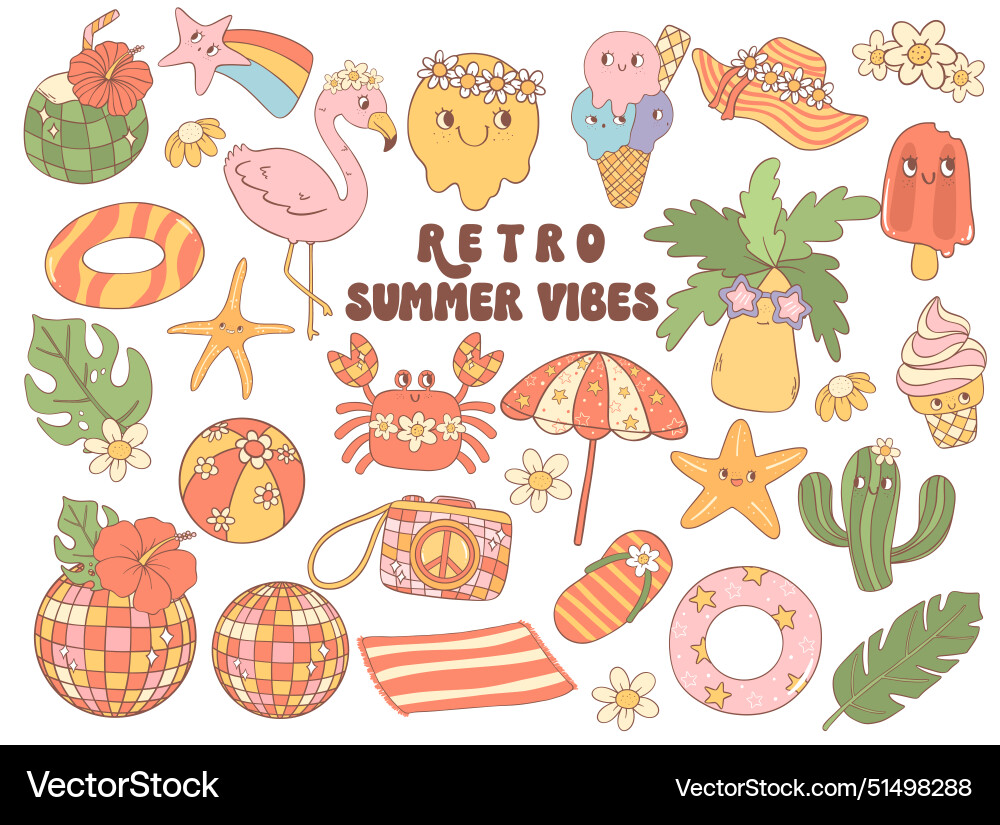 Retro groovy Sommer Vibes Sammlung Cartoon niedlich Retro groovy Sommer Vibes Sammlung Cartoon niedlich vektorbild