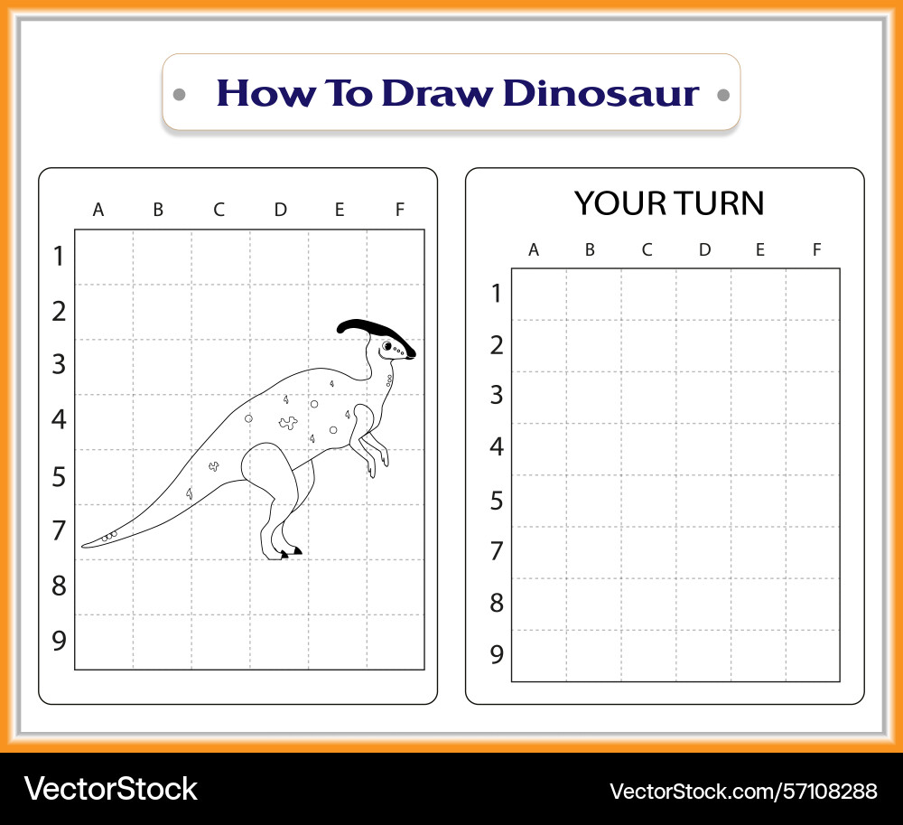 Step by dinosaur drawing tutorial with grid Vector Image