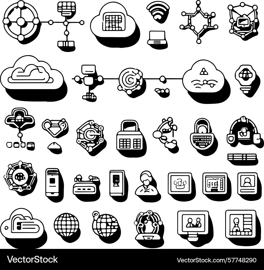 Black and white network cloud computing icons Black and white network cloud computing icons Vector Image