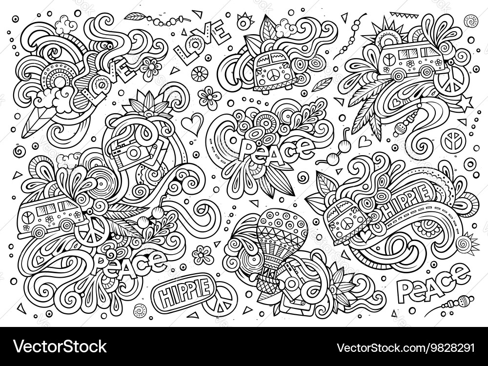 Line art set of hippie objects vector image