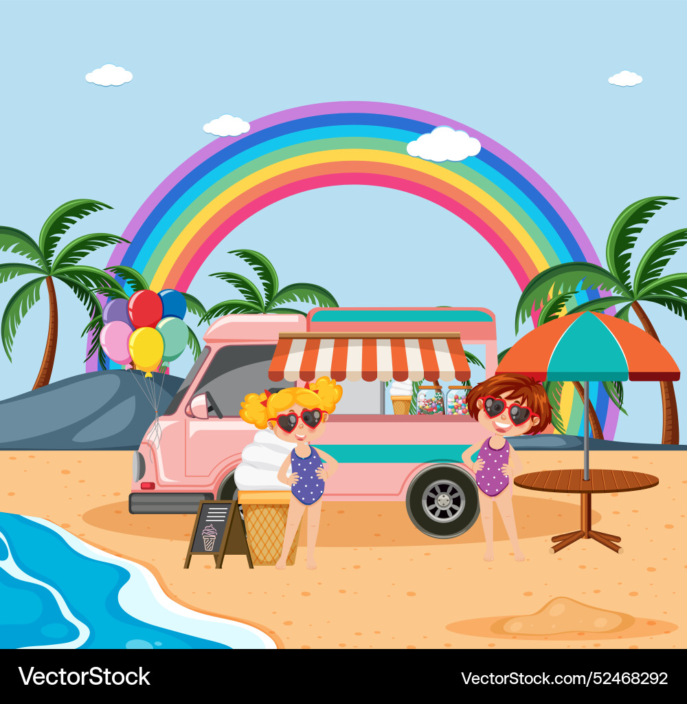 Two girls enjoying ice cream at beach Two girls enjoying ice cream at beach vector image