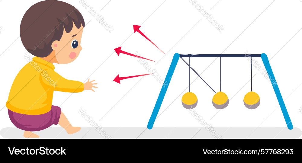 Boy experiments with newtons cradle learning Vector Image