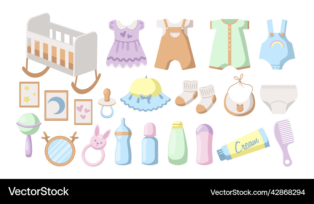 Newborn baby clothes and furniture cartoon set vector image
