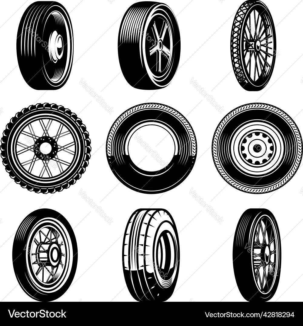 Set of wheels in monochrome style design element Set of wheels in monochrome style design element vector image