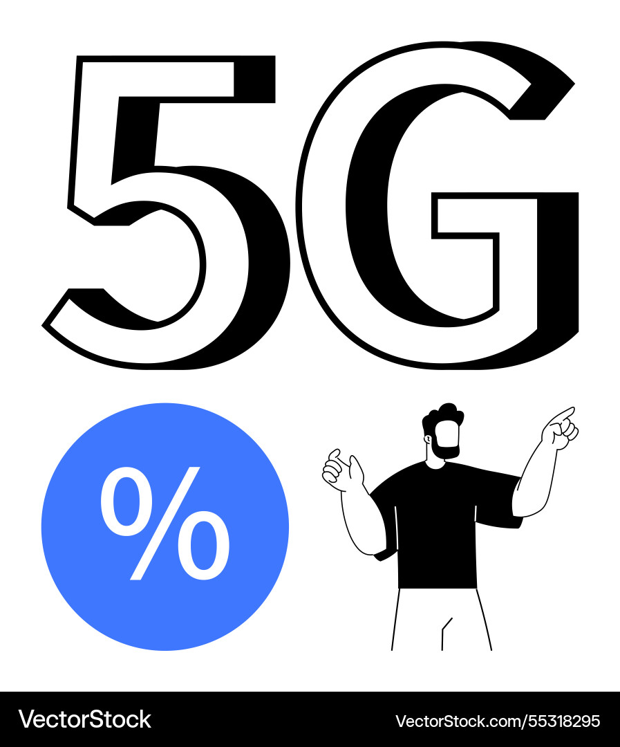 Man pointing towards 5g text with a large Man pointing towards 5g text with a large vector image