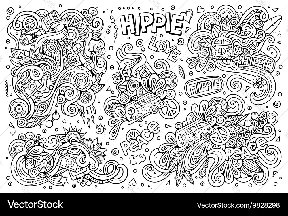 Line art set of hippie objects Vector Image