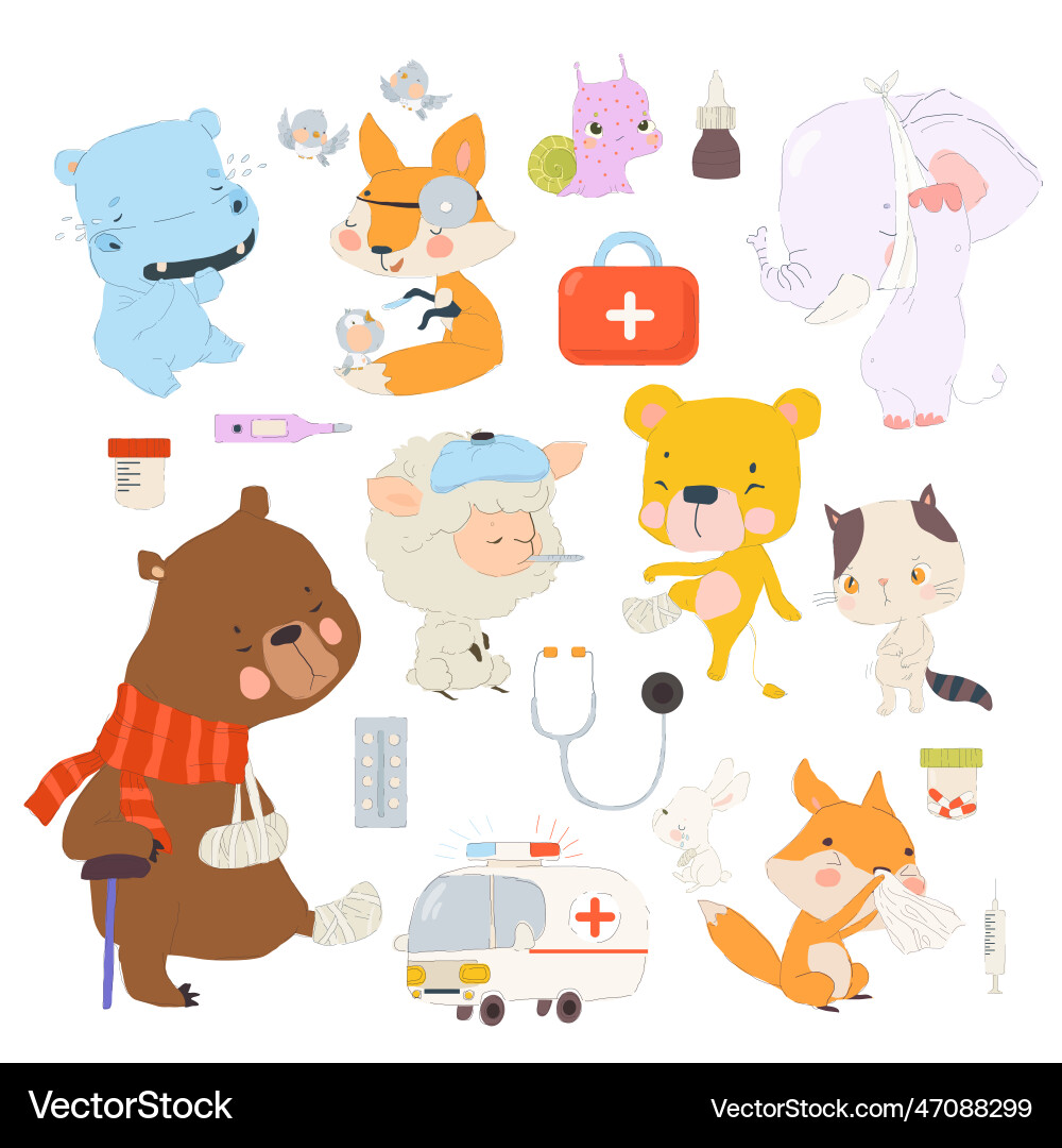 Cute Sick Animals Cartoon Characters vector image