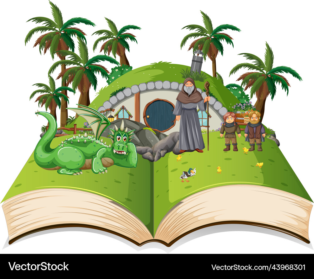 Mittelalterliche magische Landszene auf offenem Buch Mittelalterliche magische Landszene auf offenem Buch vektorbild
