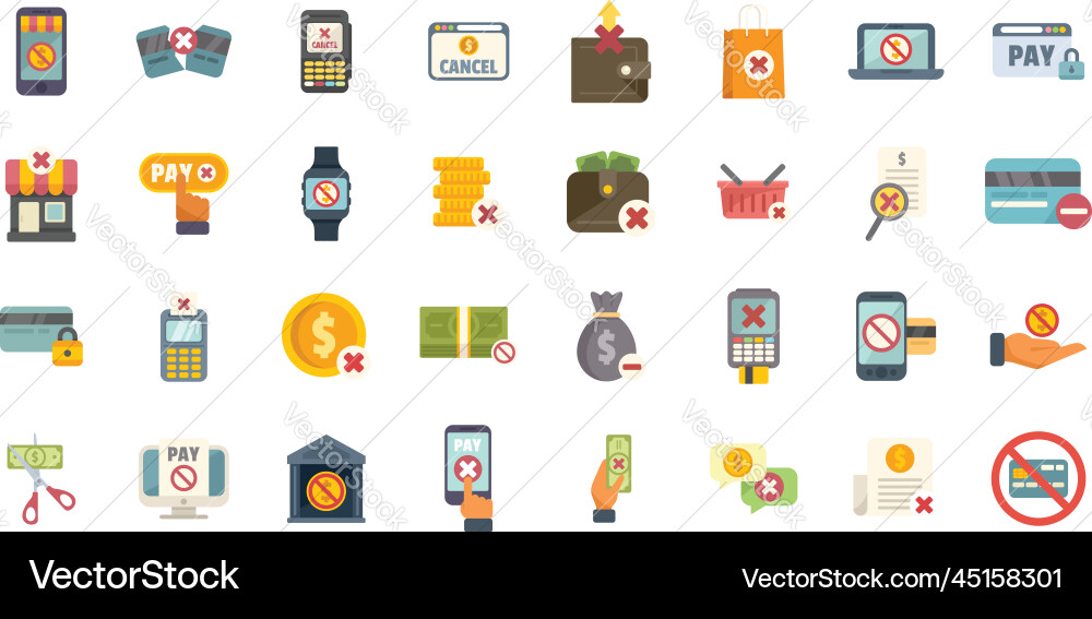Payment cancellation icons set flat bank Payment cancellation icons set flat bank vector image