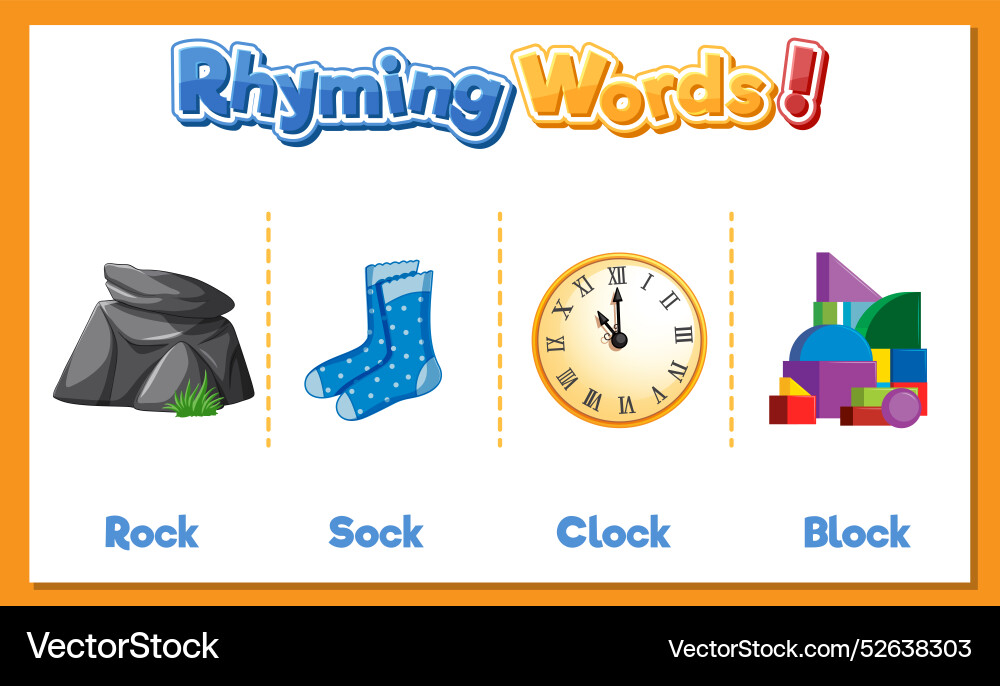 Rock sock clock and block rhyming words Rock sock clock and block rhyming words vector image