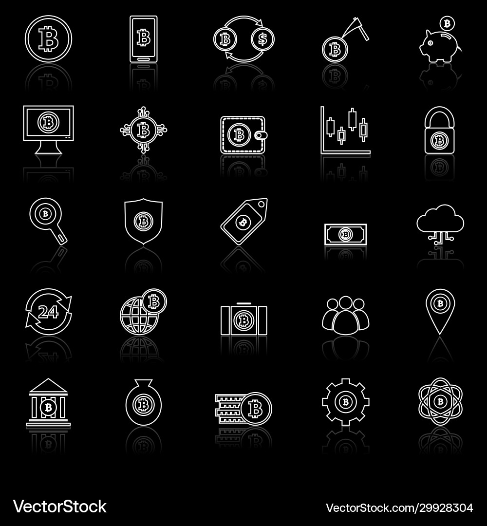 Bitcoin line icons with reflect on black Vector Image