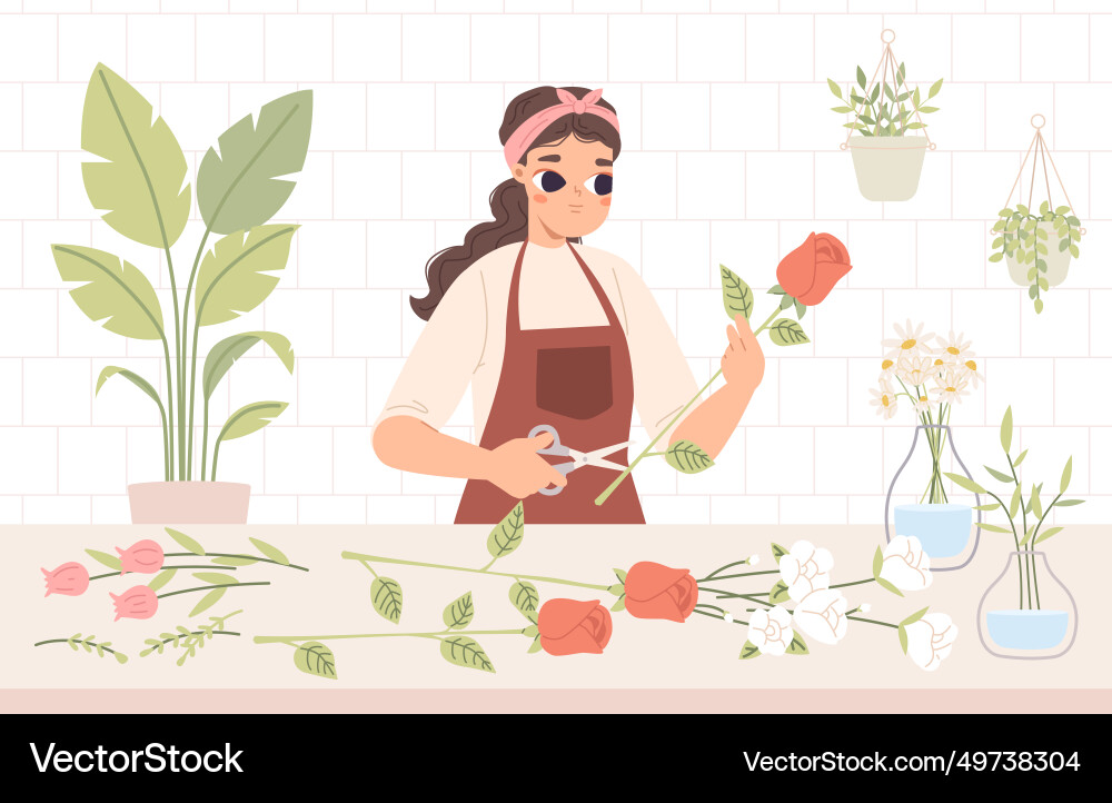 Frauen Florist junge hübsche Frau arbeiten Frauen Florist junge hübsche Frau arbeiten vektorbild