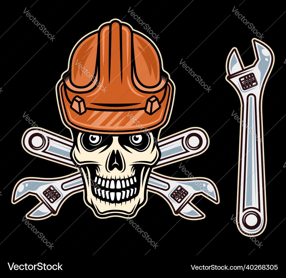 Skull of worker in hard hat with adjustable wrench vector image