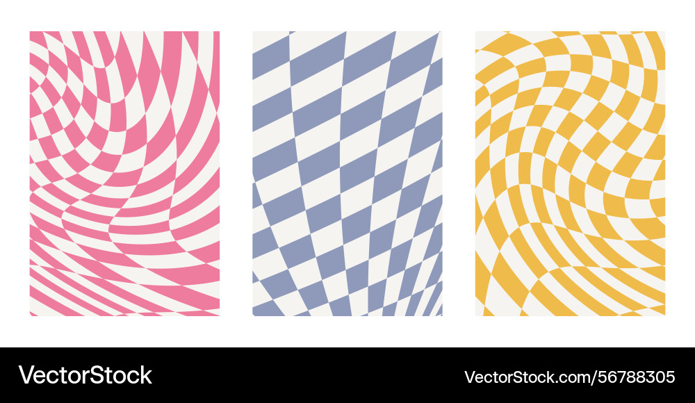 Wavy groovy distorted checkered background set vector image