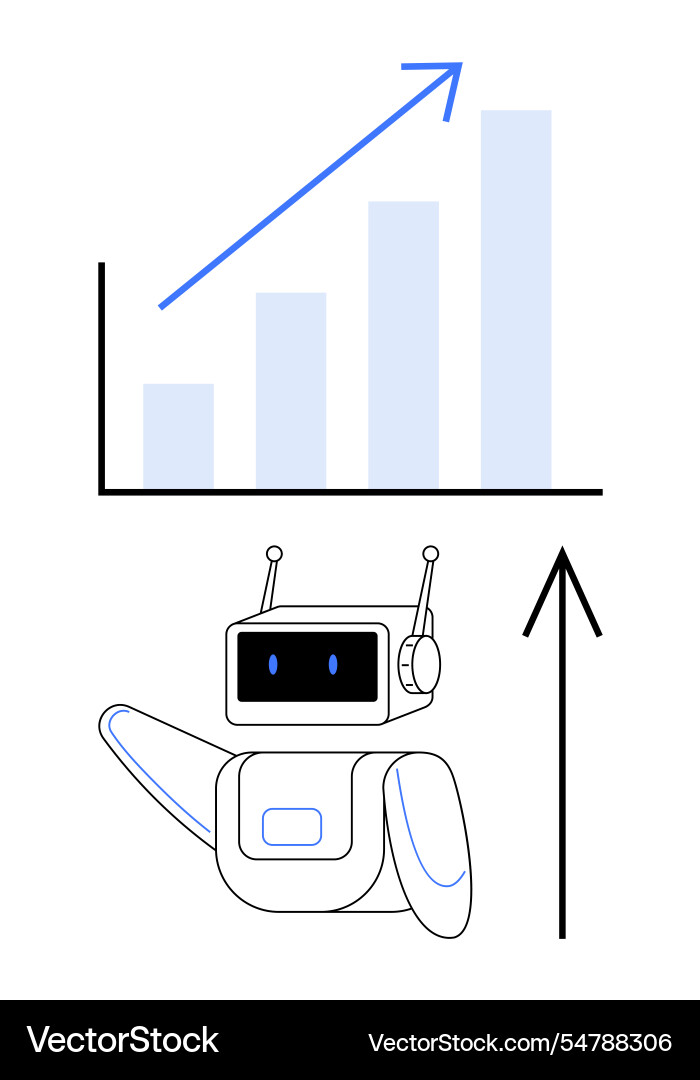 Futuristic robot pointing at an upward bar graph Futuristic robot pointing at an upward bar graph vector image