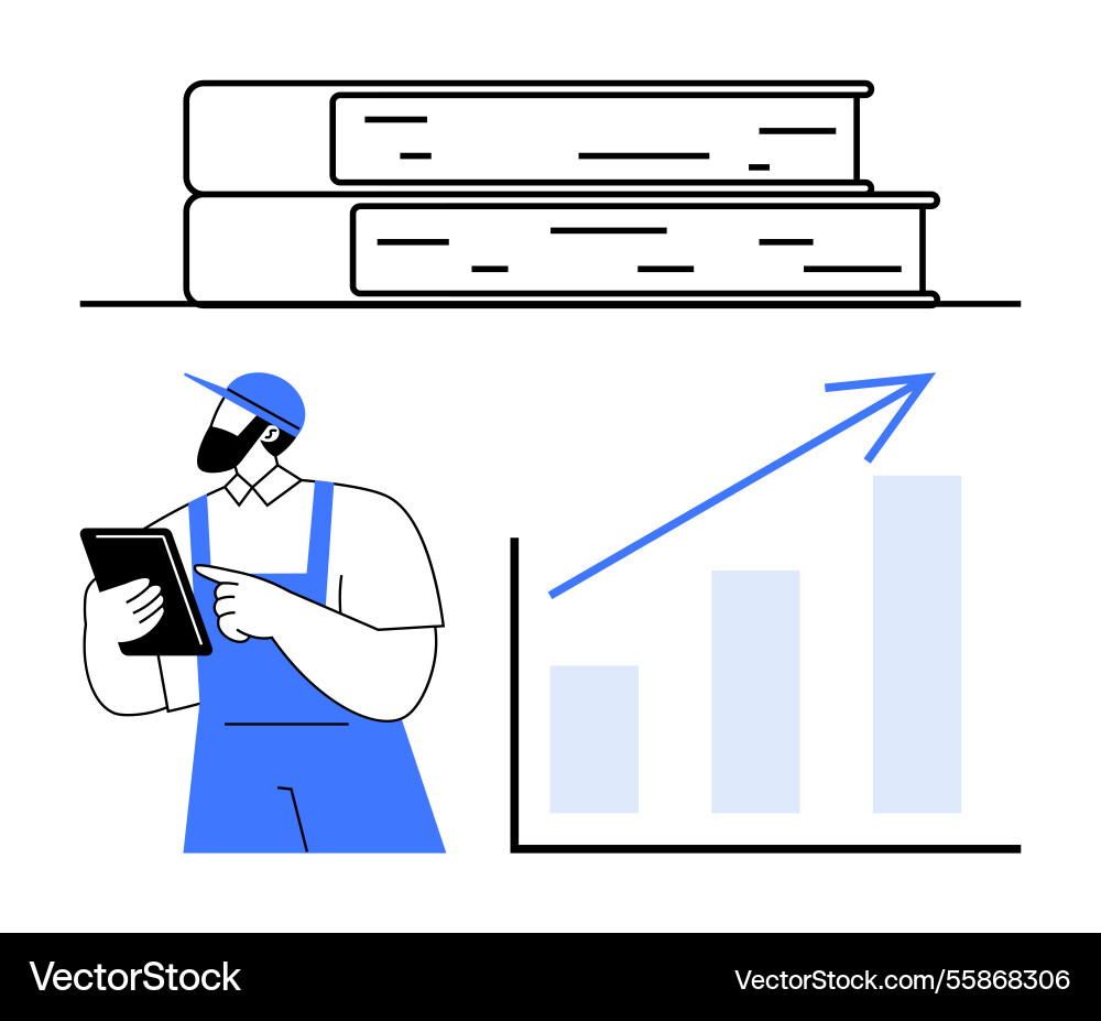 Worker evaluating data on tablet with growth chart Worker evaluating data on tablet with growth chart vector image