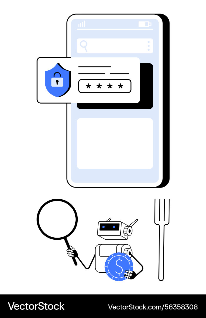 Cybersecurity analysis with robot holding Cybersecurity analysis with robot holding vector image