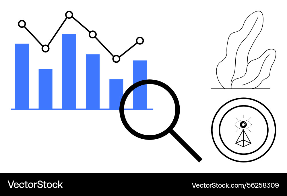 Data analysis with bar graph and magnifying glass Data analysis with bar graph and magnifying glass vector image