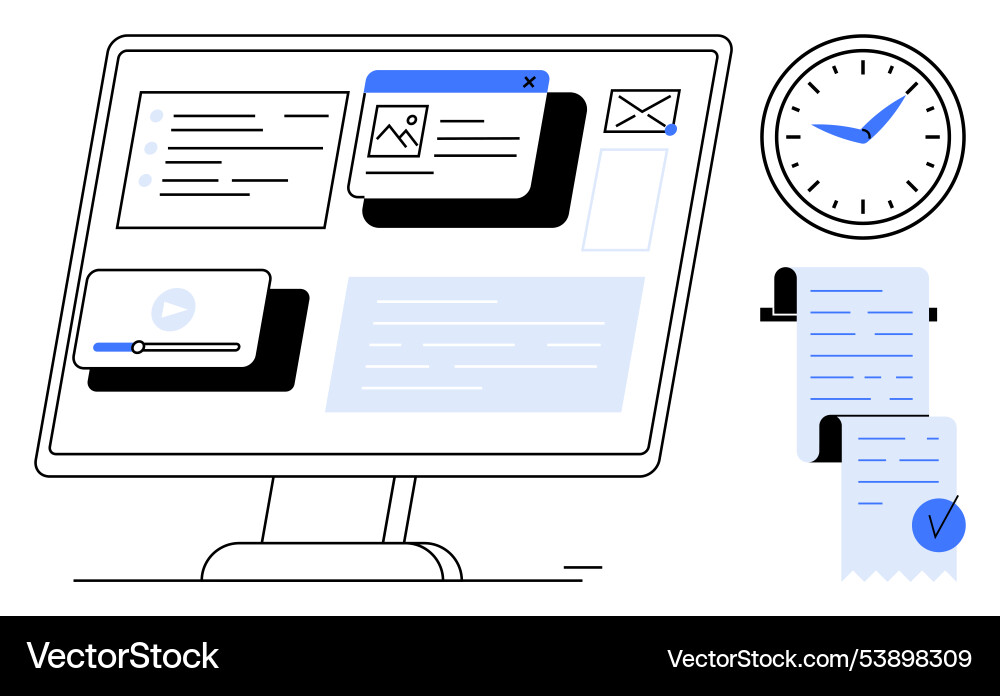 Digital workspace with computer monitor clock Digital workspace with computer monitor clock vector image
