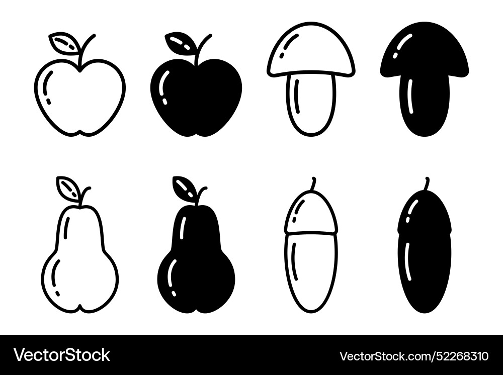 Apple and pear mushroom acorn outline Vector Image