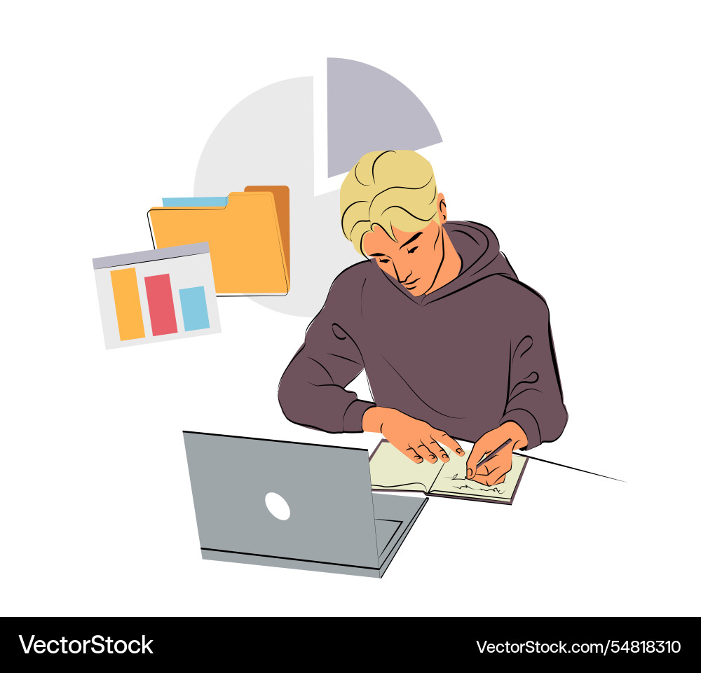 Junge Mann studieren mit einem Laptop Notebook Junge Mann studieren mit einem Laptop Notebook Vektorbild