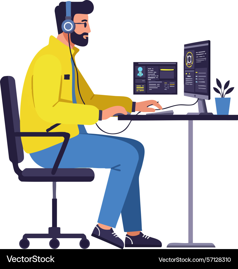 Man wearing headset working on computer at desk Man wearing headset working on computer at desk vector image