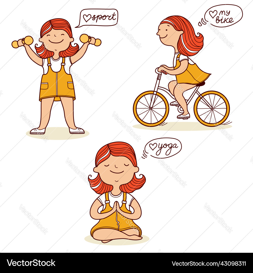 Set of young girls daily activities color hand Set of young girls daily activities color hand vector image