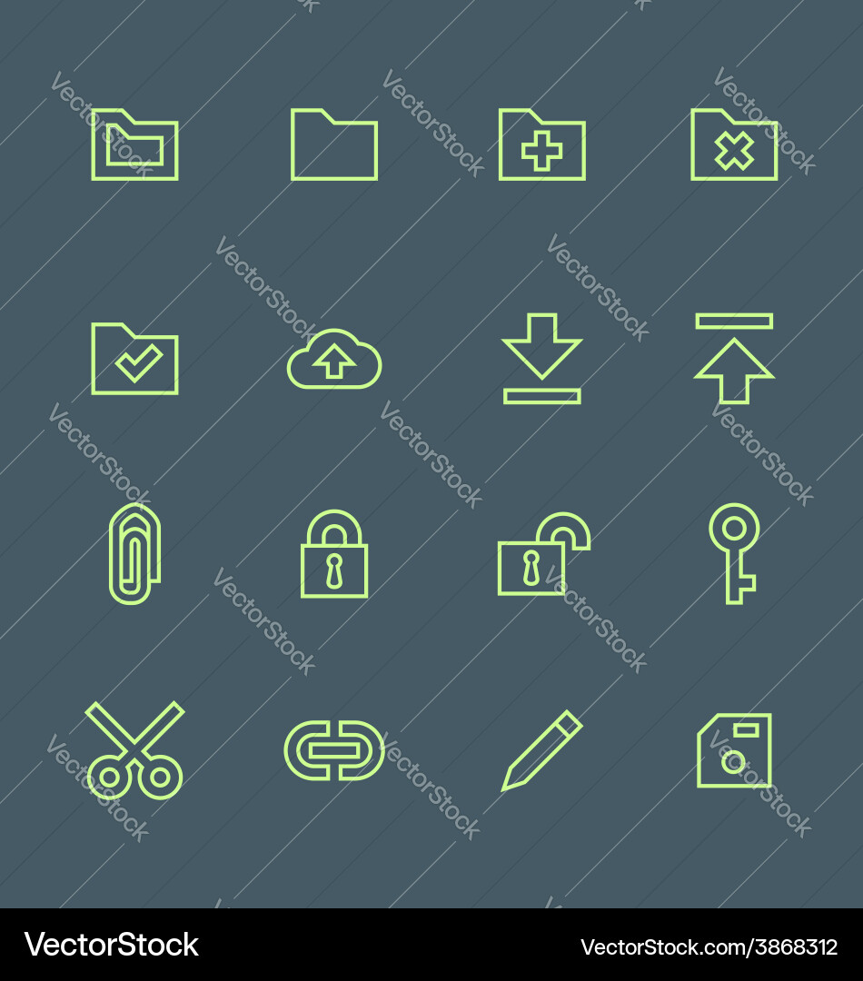 Green outline various file actions icons set vector image