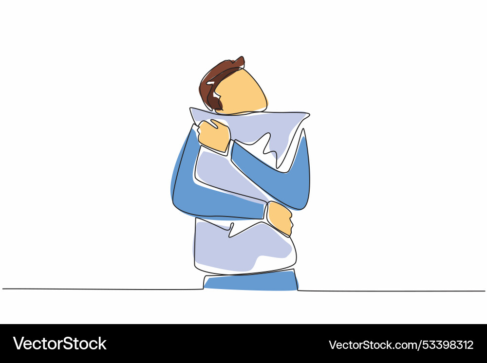 Single continuous line drawing a man hugging Single continuous line drawing a man hugging vector image
