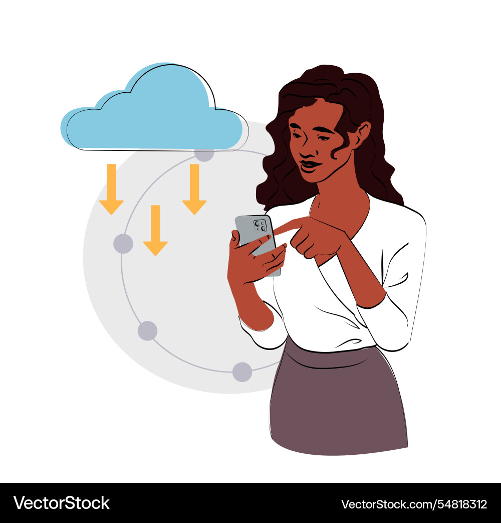 Woman using a smartphone with cloud computing Woman using a smartphone with cloud computing vector image