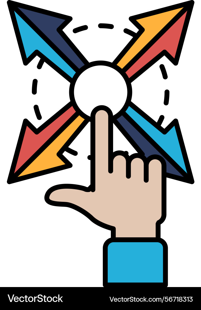 A hand pointing at four-pointed arrow A hand pointing at four-pointed arrow vector image