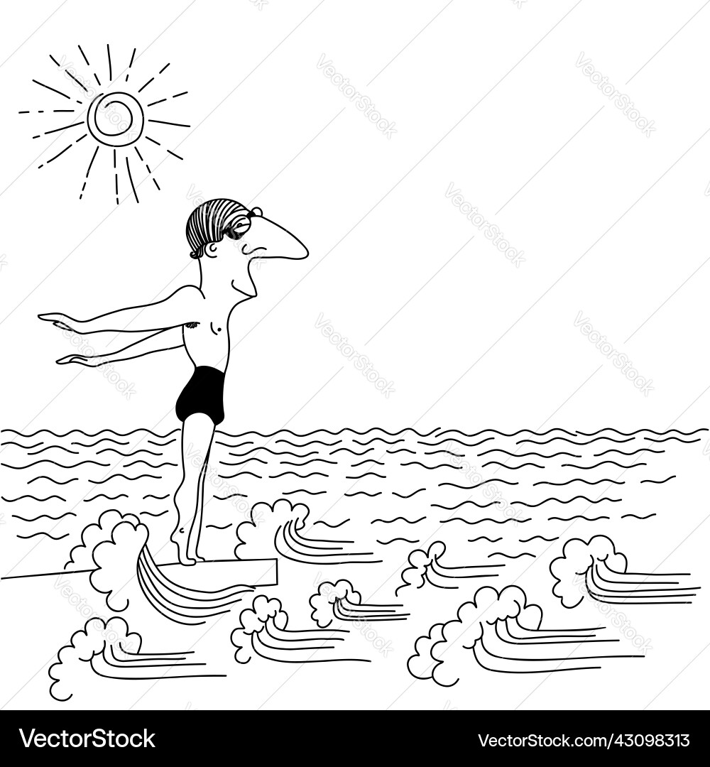Mann Schwimmer springen in Meereswellen Sport Comic Mann Schwimmer springen in Meereswellen Sport Comic vektorbild