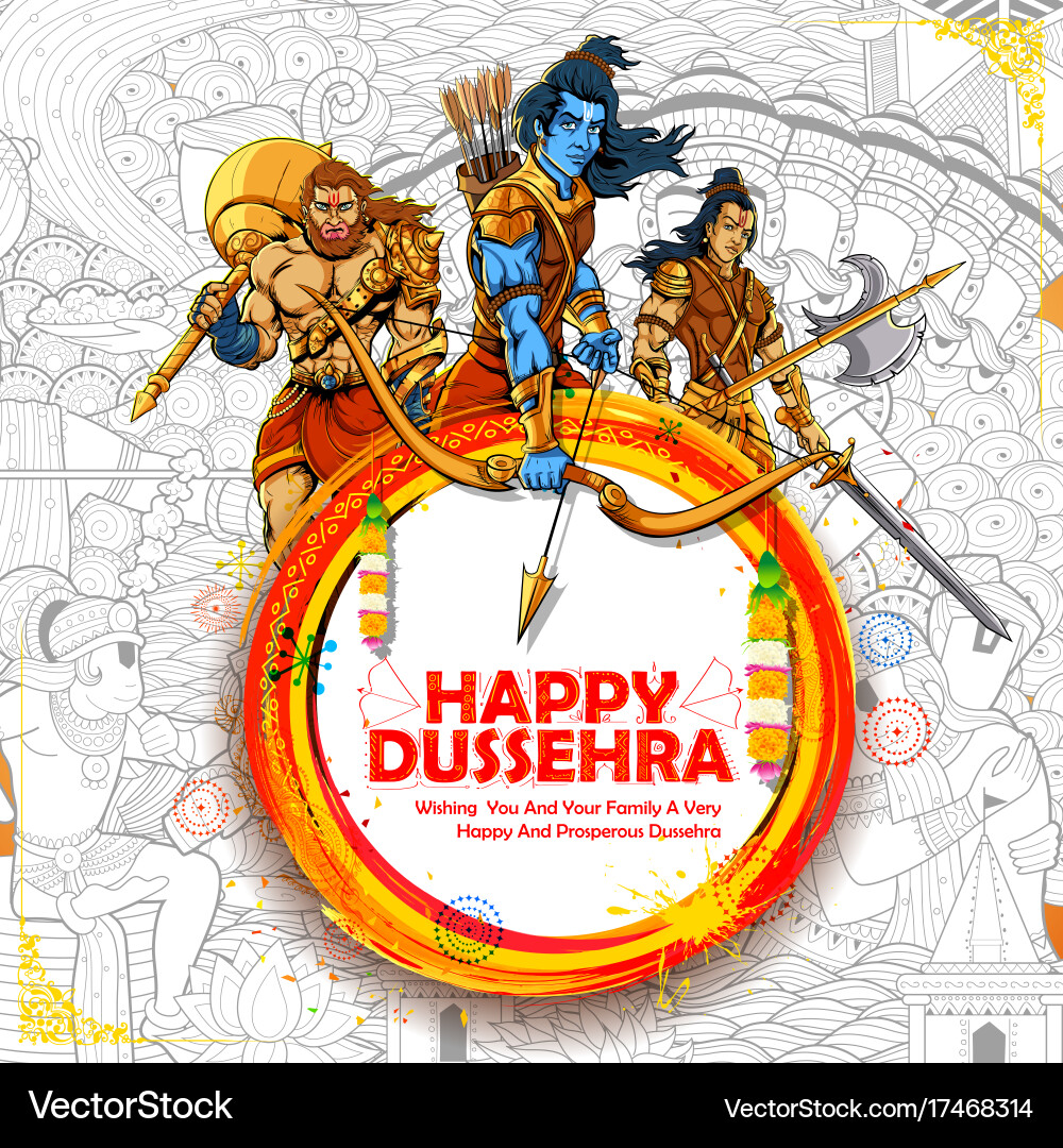 Lord Rama, Hanuman & Laxmana - Dussehra Festival Vector Image