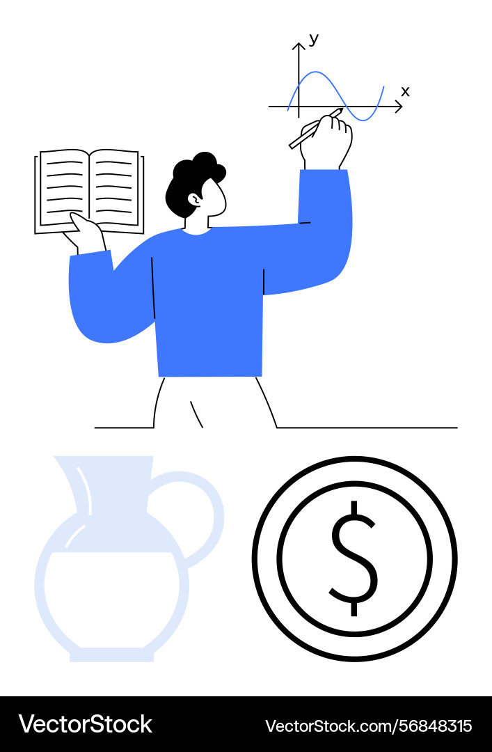 Man analyzing data on graph with book money Man analyzing data on graph with book money vector image