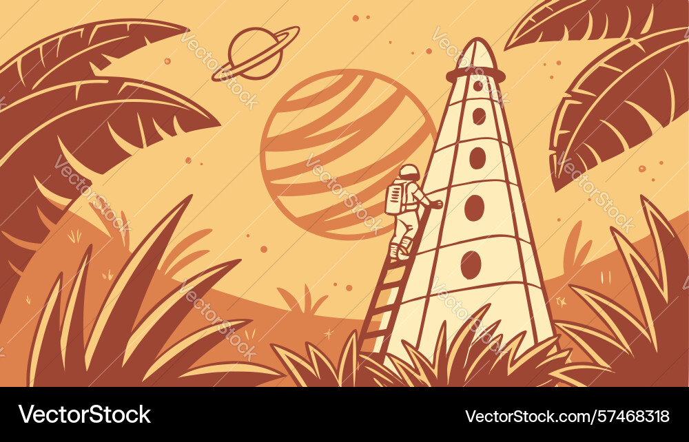 Lighthouse on coastal path with floating planets Vector Image
