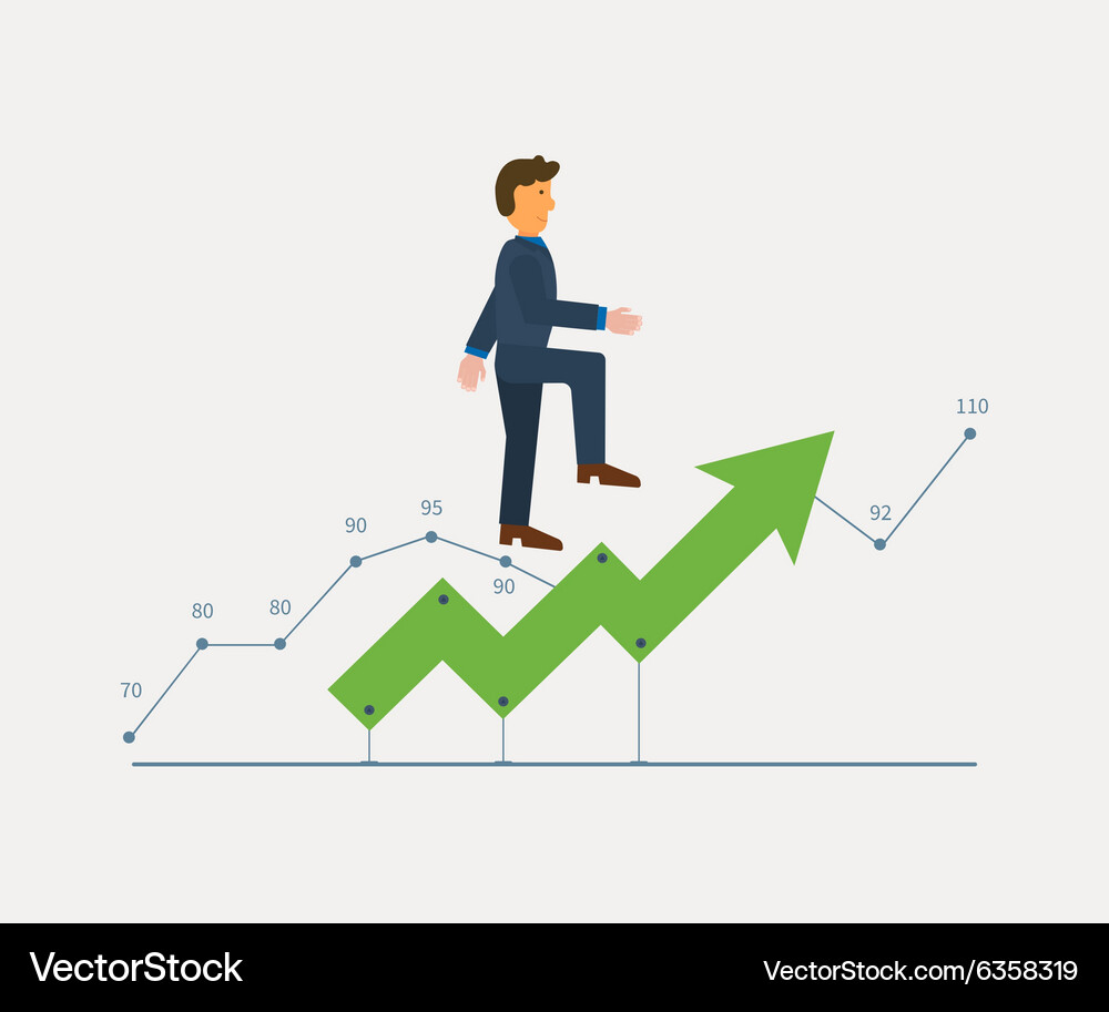 Man in suit running on a growing chart curve arrow Vector Image